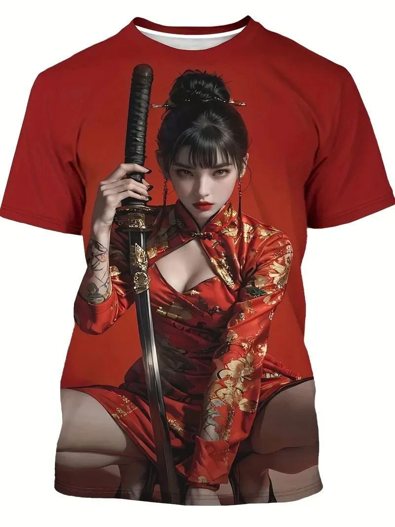 Vintage Japanses Style T Shirt For Mens Female Swordsman, Ninja 3D Print Outdoor Short Sleeve Y2k Tops Casual T-shirt Loose Tee