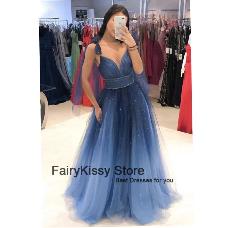 FairyKissy Glitter Tulle Long Prom Dress Sexy Backless Evening Gown for Women A-Line Sweetheart Sleeveless Gradient vestido