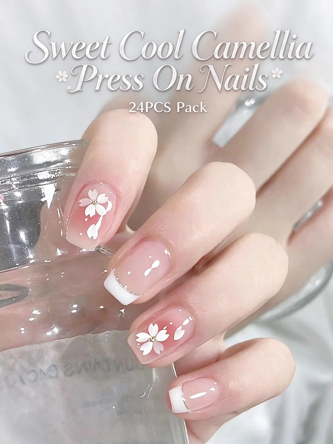 24Pcs Camellia Short Press on Nails Ultra Thin Summer Wholesale High-End Removable False Nail Tips Sweet Cool Design