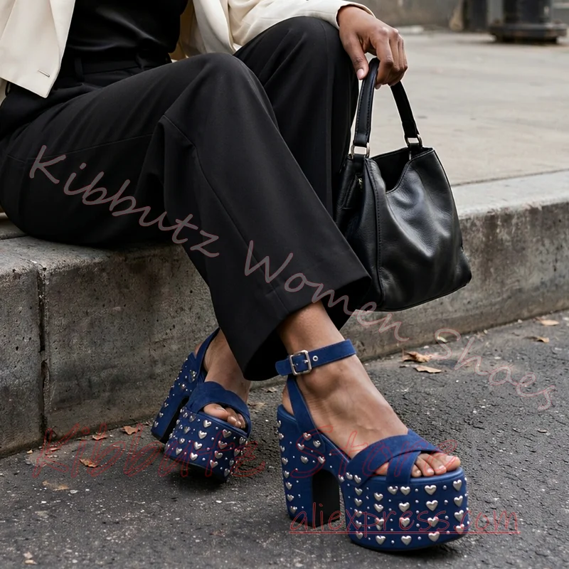 Platform Sandals Heart Shaped Rivets Ankle Strap Buckle Square Hardware Chunky Heel Thick Sole Open Toe Sweet Punk Footwear New