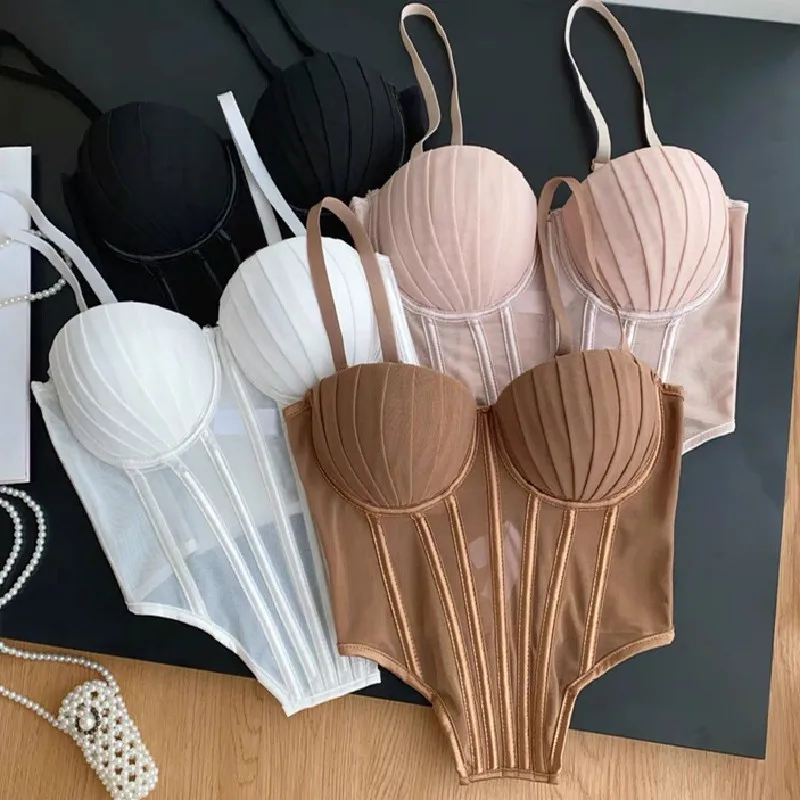 Sexy Pleated Mesh Lady Corset Irregular Design Shell Shape Sweet Bustier Elegant Ballet Like Crop Top Party Events Women Camiso