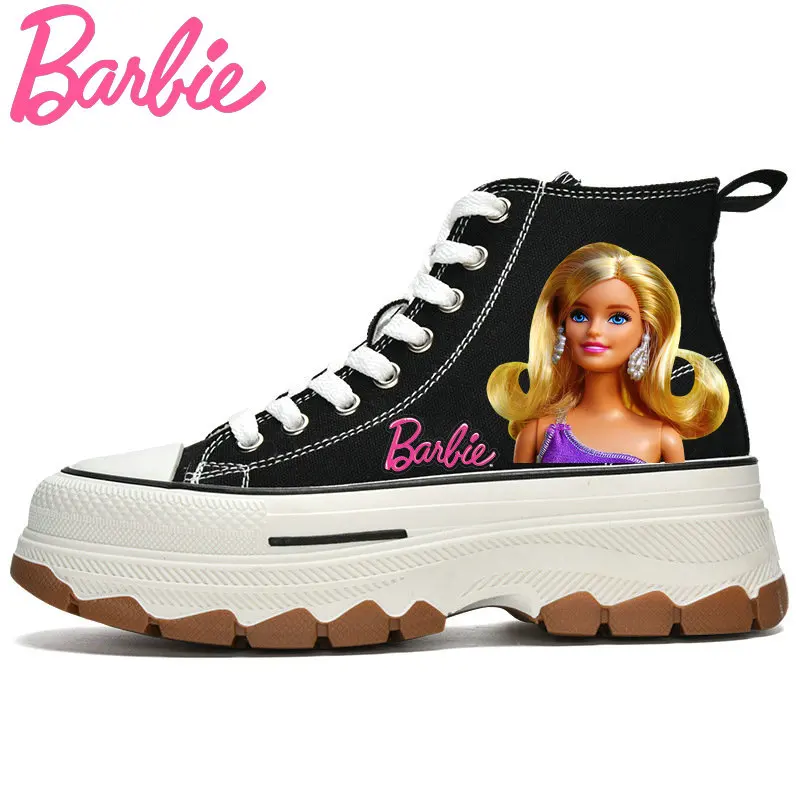 Woman Barbie Shoes Girls High Top Canvas teen Casual Sneakers White Shoes Cartoon Barbie Tennis elevator shoes Size 35-40