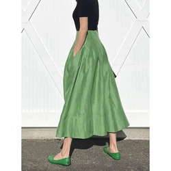 Faldas Mujer Moda Retro Temperament Green High Waist Slim Big Umbrella Skirts Pocket Women Pleated Long Casual