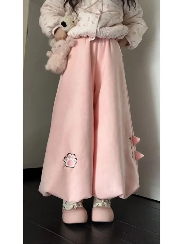 plus Size Embroidered Fleece High Waist Thickened Women's Lantern Pants Casual Style Pure Color Autumn Winter Wide Leg Trousers