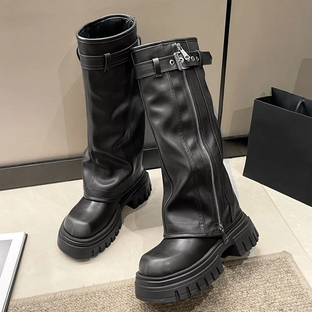 2025 Wasteland Vintage y2k Biker Boots Black Platform Boots Mid