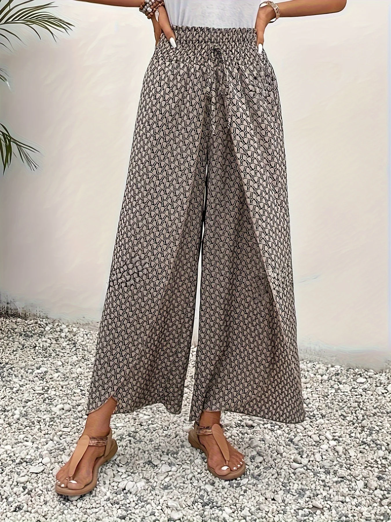 Spring Summer Women Elegant Wide Legs Pants Casual Vacation Beach Print Trousers Office Lady Loose High Waist Pants