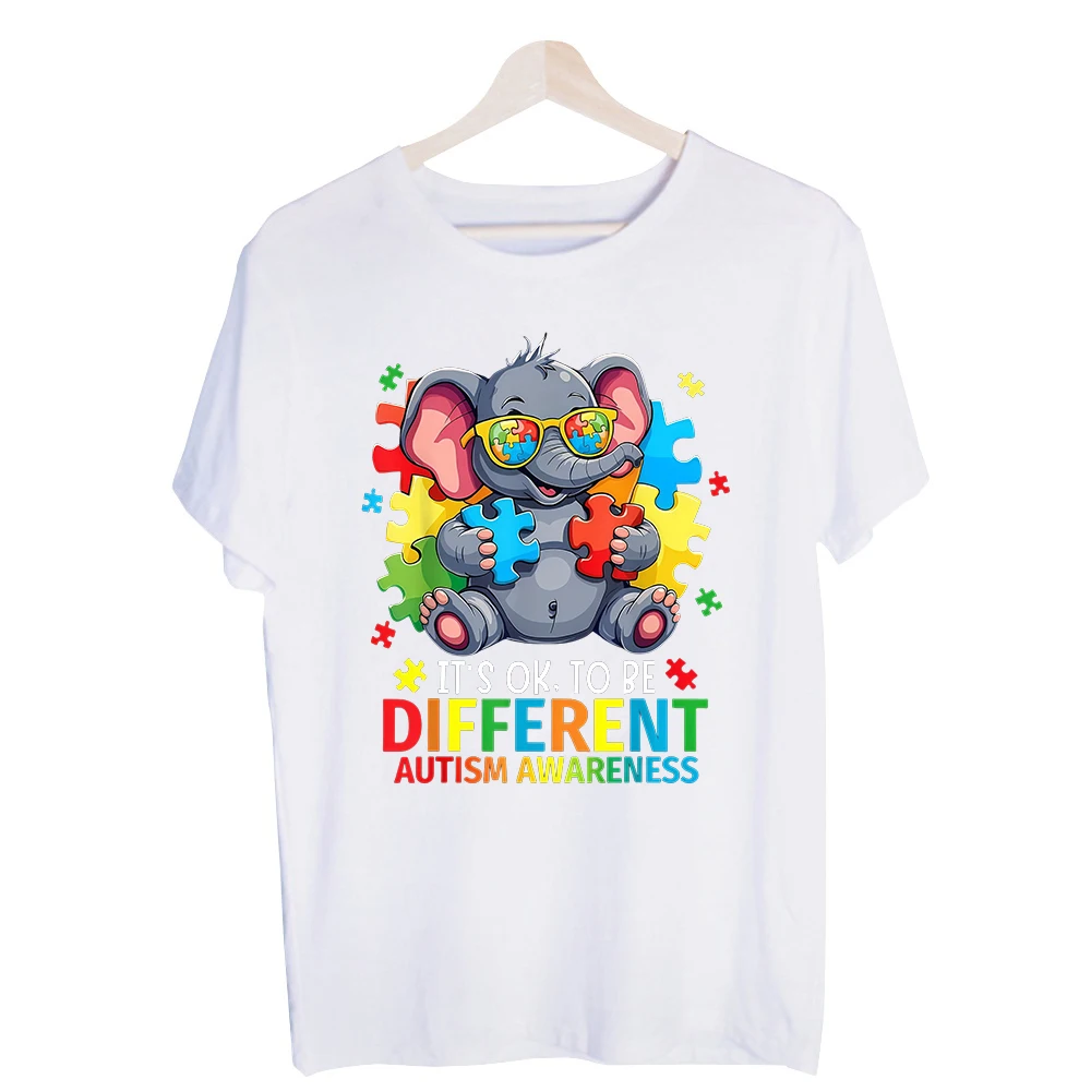 Men's Elephant with Puzzle Pieces Graphic Tee, Short Sleeve Crew Neck T-Shirt for Autism Awareness Casual Wear