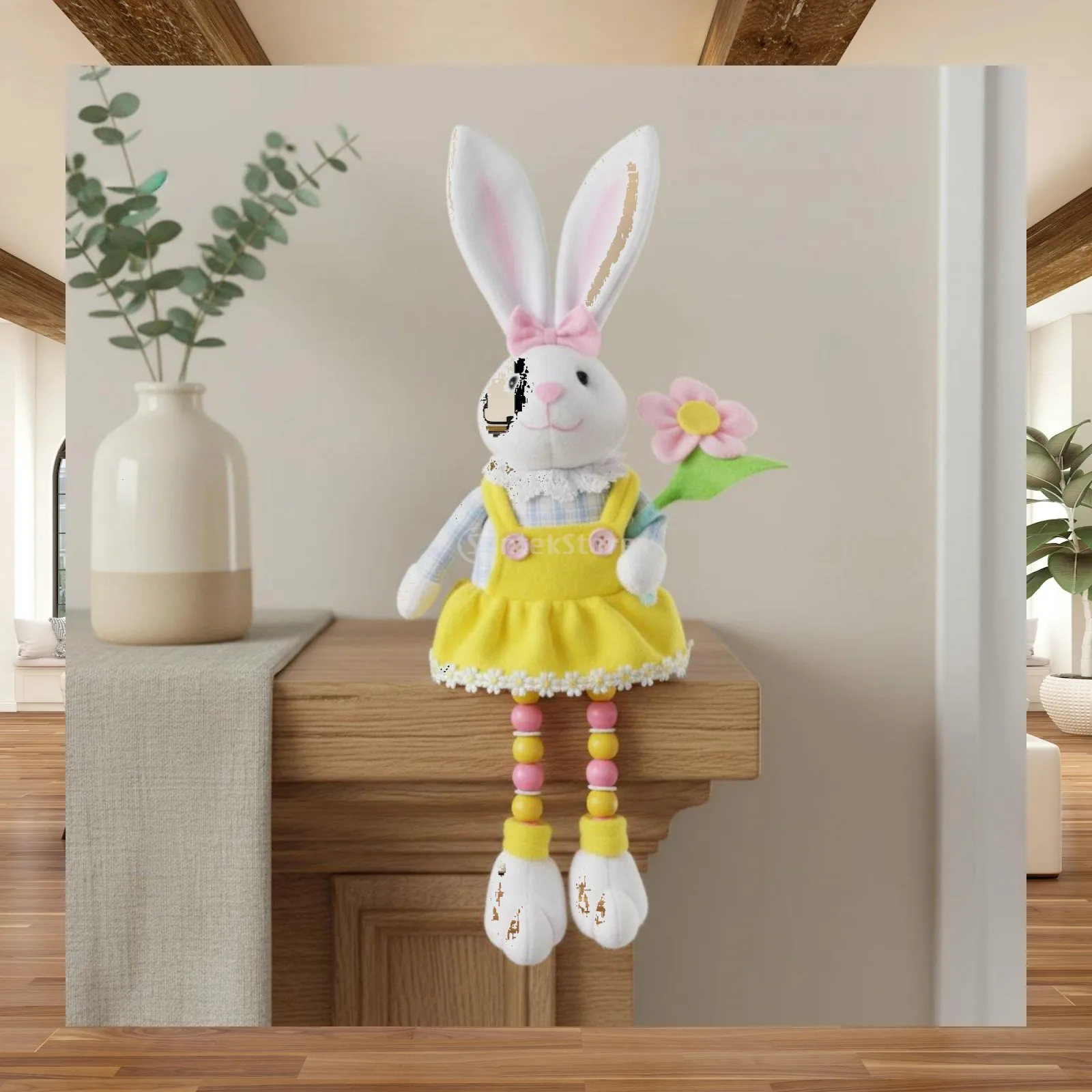 Spring Easter Bunny Figurine Soft Non Woven Fabric Dangle Leg Rabbit Ornament for Mantel Shelf Tabletop Cute Miniature Decor