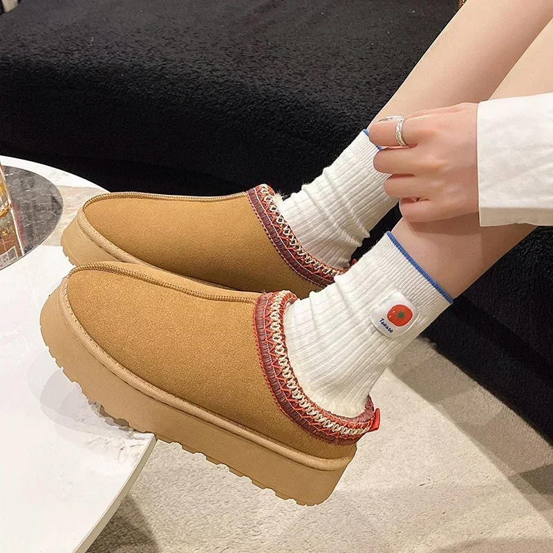 Platform Fur Cotton Slippers Women\'s Shoes New Suede Warm Snow Boots Trend Winter Casual Short Plush Flats Mule Zapatillas Mujer