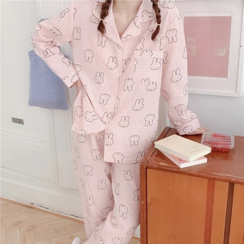 Conjunto de pijamas vintage miffy bunny doce xadrez leve e minimalista para mulheres retrô desenho animado algodão loungewear