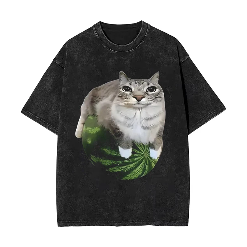 Vintage Washed Cute Kitten on Watermelon T Shirt Cat Y2K  Meme Men Women Y2k Streetwear Cotton Tee Unisex Short Sleeve  Harajuku