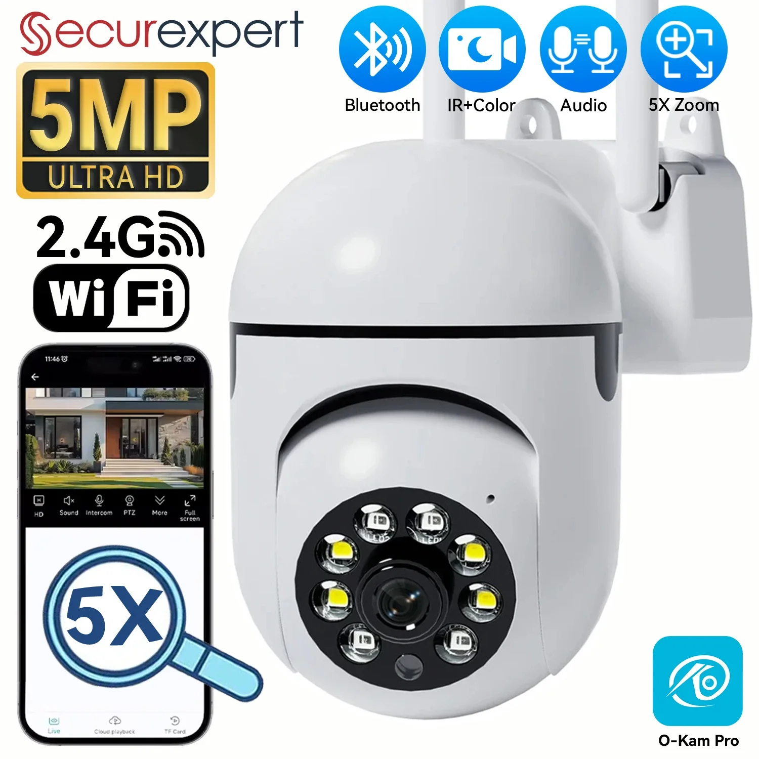 

Беспроводная поворотная IP-камера видеонаблюдения Securexpert 5 Мп для наружного использования с Wi-Fi, отслеживанием человека, двусторонней аудиосвязью и цветным ночным видением