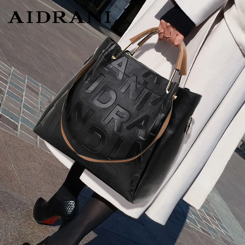 Aidrani Genuine leather letter printing large capacity women's bag  new versatile high end fashionable handheld one shoulder bag