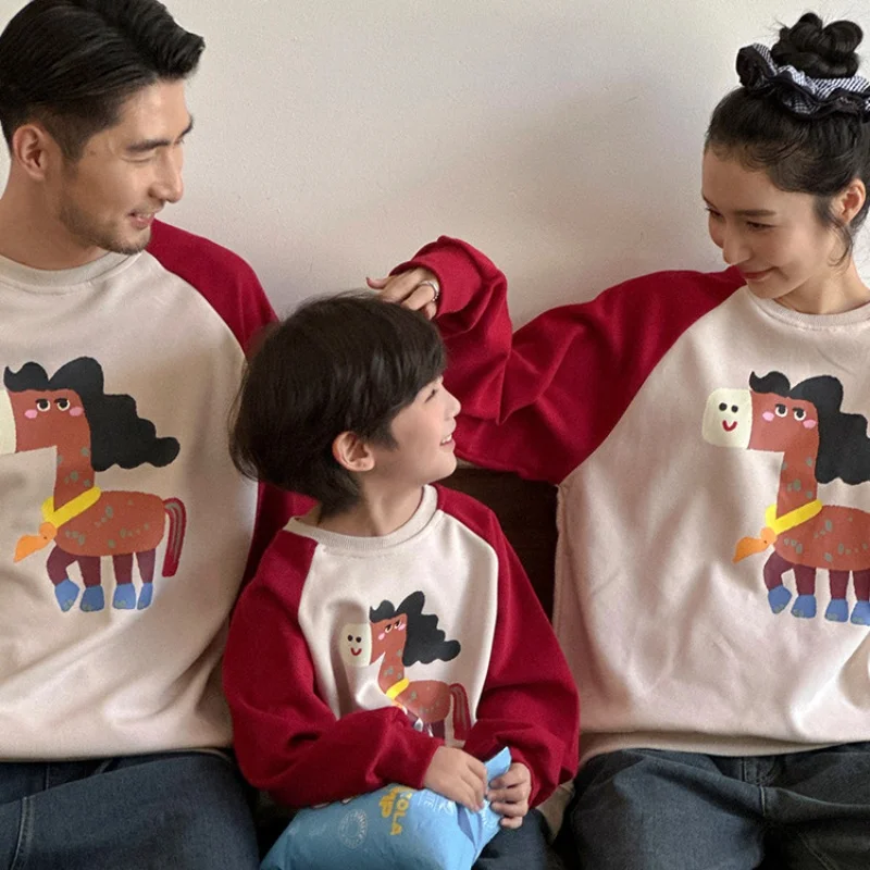 1-12 Years Girl Boy Brother Sister S-3XL Mom Dad Family Matching Outfits 2025 Autumn Spring Horse Pattern  Patchwork Sweatshirt