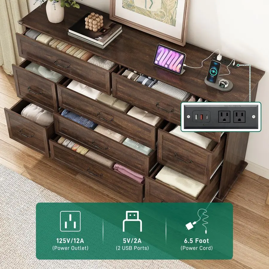 Commode à 9 tiroirs pour chambre à coucher, commode en bois 63 avec prises de courant, grandes commodes larges pour chambre à coucher, hauteur S