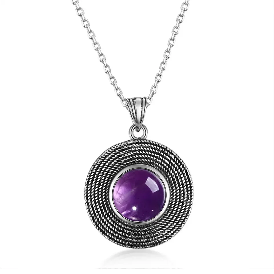 Sterling Silver 10MM Round Amethyst Pendant Necklace Ladies Handmade Natural Gemstone Charm Necklace for Women Gift