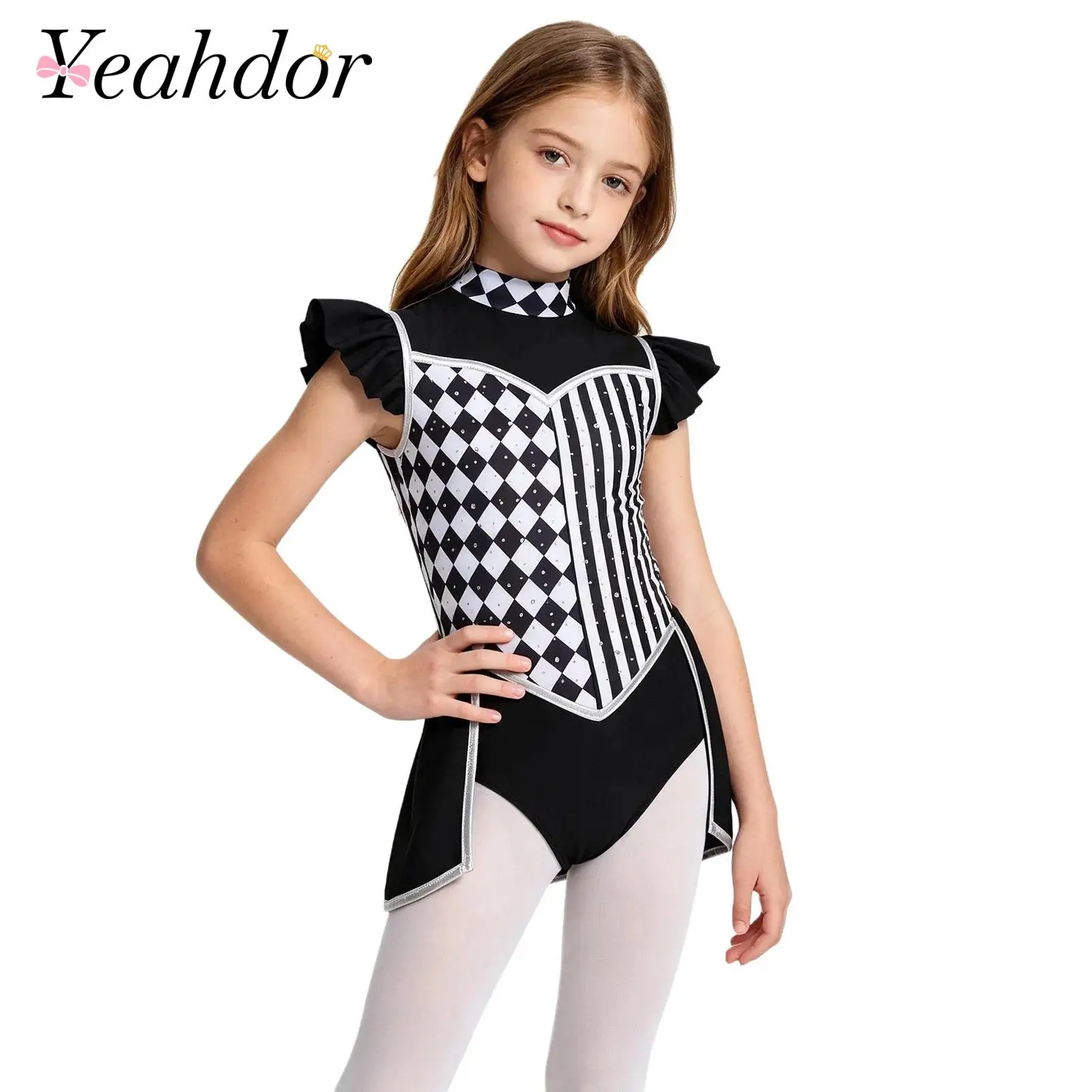 Kids Girls Circus Clown Costume Jumpsuit Checkerboard Stripes Bodysuit for Evil Jester Showman Roleplay Masquerade Performance