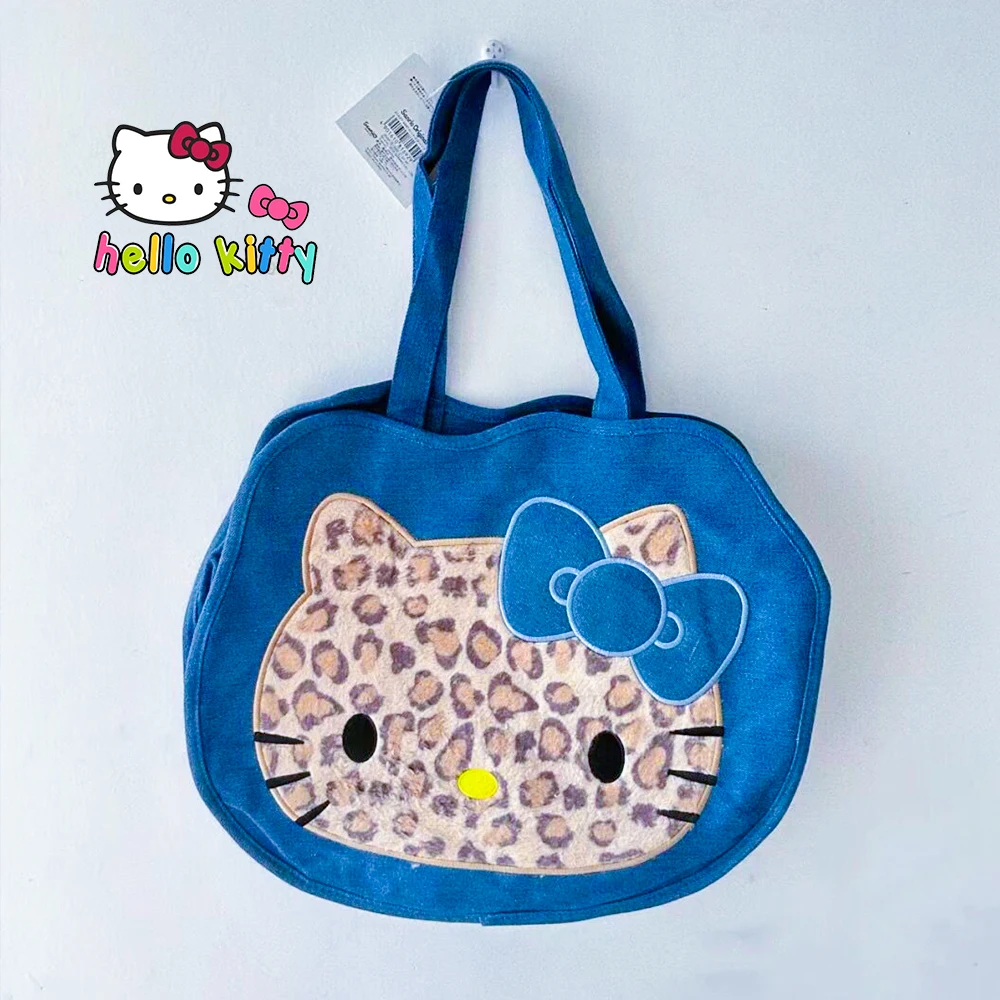 

Sanrio Hello Kitty Leopard Denim Shoulder Bag Anime Cute Cartoon Bag Large Capacity Tote Canvas Handbag Casual Satchel Backpac