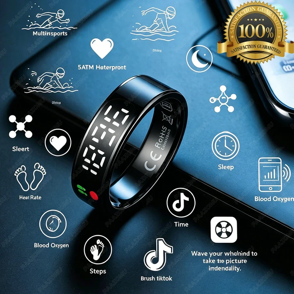 

New Smart Ring with Screen 5ATM Waterproof Diving Swim Heart Rate Blood Oxygen Sleep Monitor Multi Sport Mode Gesture Control