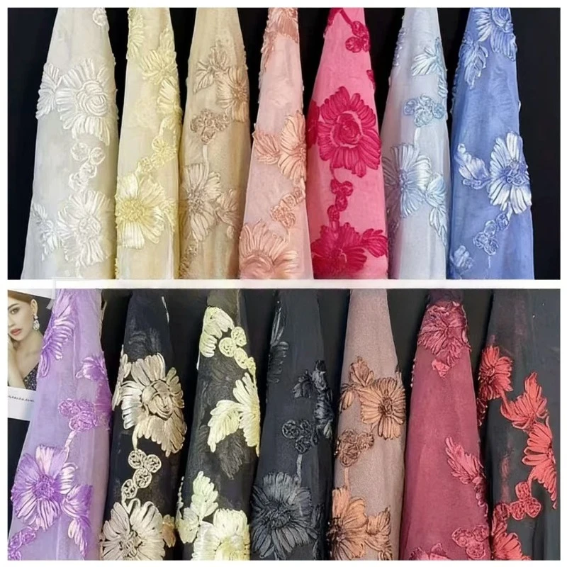 Mistlace 5 Yards 3D Ribbon Embroidery Stretch Tulle Mesh Fabirc Lace Embroideried Cloth for Dress Evening Gown Garment DIY ML234