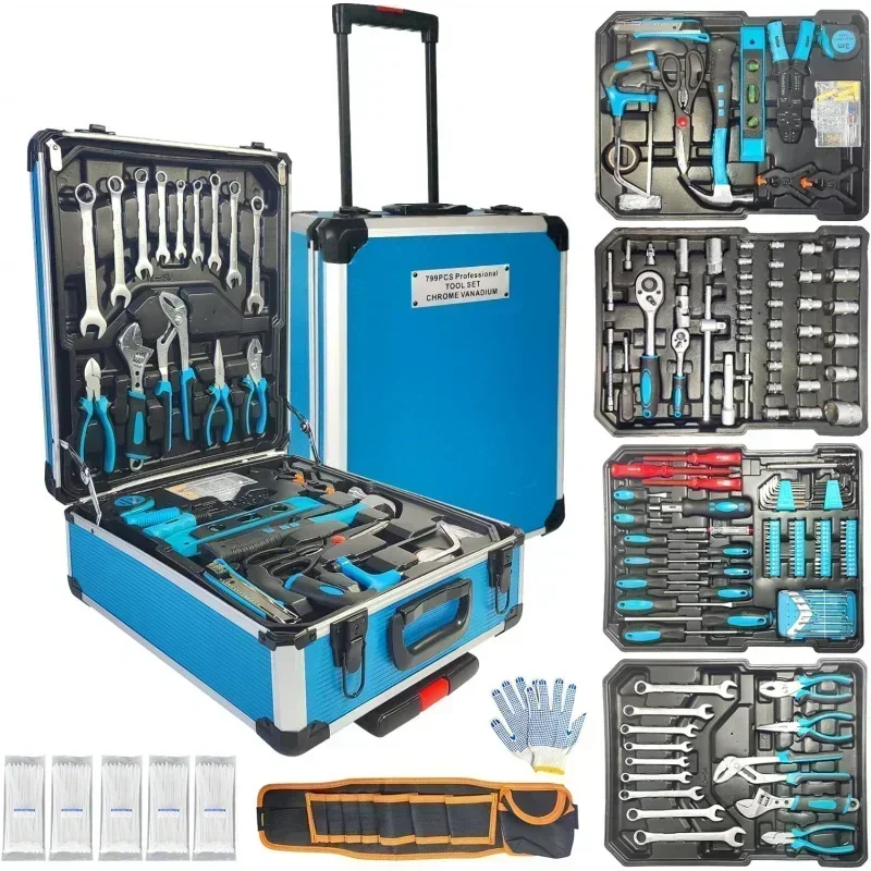 799PCs aluminum trolley case tool set silver, house repair kit set, household hand tool set, with tool belt for Thanksgiving