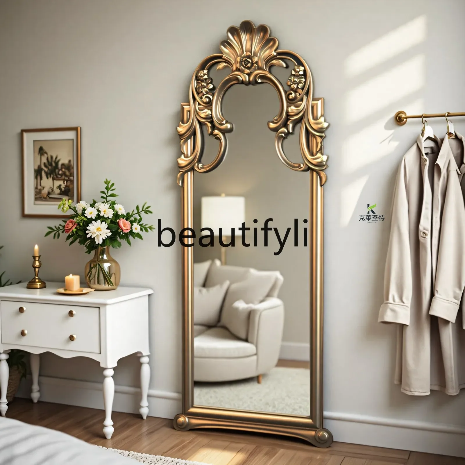 

French luxury full-body mirror American living room wall-to-wall floor mirror European retro full-length mirror1184