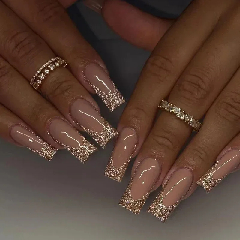 24pcs/set Fake Nails for Women Luxury and Elegant Gold Glitter French Tips Faux Ongles Press on False Nail Supplies Manicure
