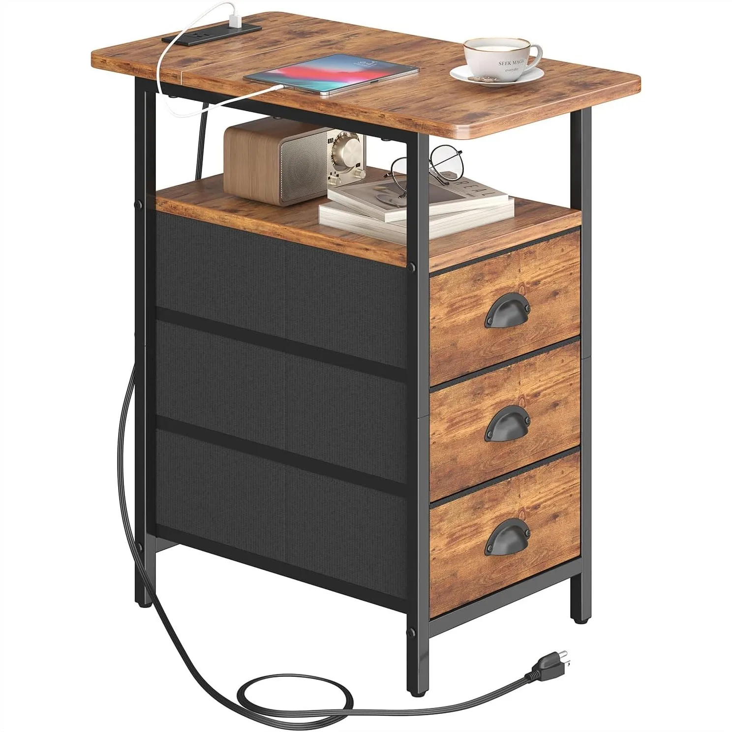 

End Table with Charging Station, Narrow Nightstand with 3 Drawers and USB Ports for Living Room Bedroom Small Space, Rustic