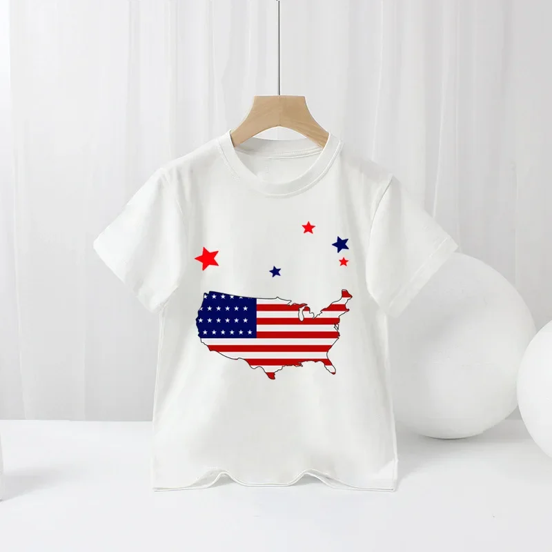 Children's Short-sleeved T-shirt American Independent Day Boy Cartoon New Summer T-shirt Base Clothes  Girl Clothes