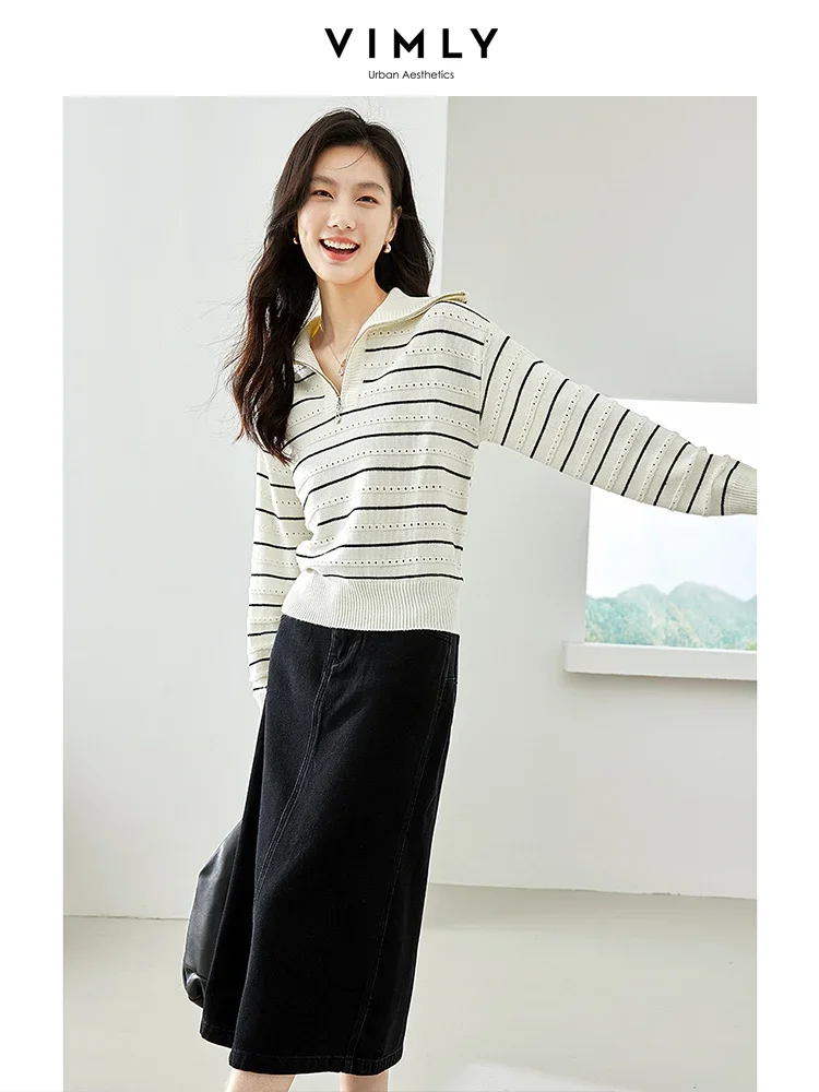Vimly-女性のハーフジッパーストライププルオーバー、長袖ニットトップ、knitwearジャンパー、秋冬セーター、2023、2023