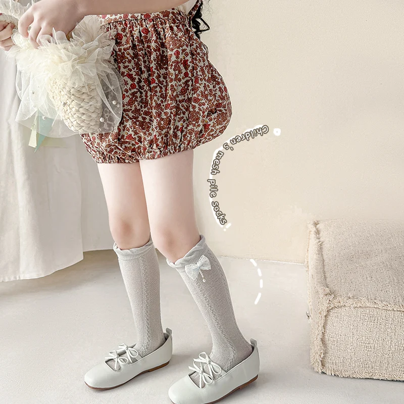 Cute Kids Blue Bowknot Series Gray Stacked Socks Soft Breathable Cotton Blend Stretchy Comfortable Ruffle Edge Design All Season