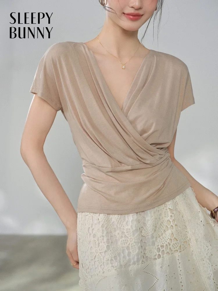 

Women V Neck T Shirt Slim Top Draped Waist Tee Elegant Short Sleeve Blouse Soft Summer Casual Commuter Outfit Lady Chic Style