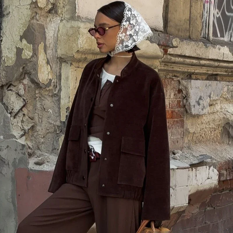 2025 Autumn Fashion Coffee Long Sleeve Jacket Coat Women's Stand Collar Loose Coat Buttons Corduroy Jacket Female New