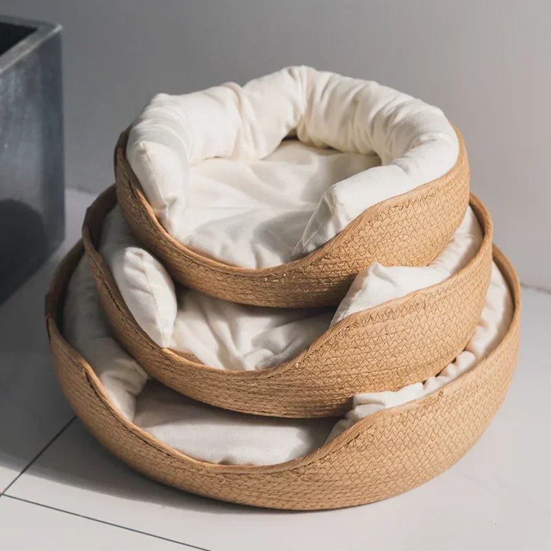 OUZEY Handmade Rattan Weaving Pet Cats Bed Comfortable Sleeping Breathable Cat Baskets Large Capacity Kitten Puppy Nesk Cushion