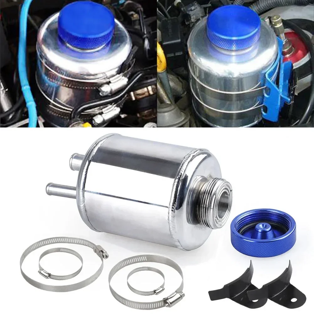 Car Fuel Cell Surge Tank Power Steering Tank Oil Catch Can Tank Aluminium Alloy Racing Power Steering Fluid Reservoir with Clamp