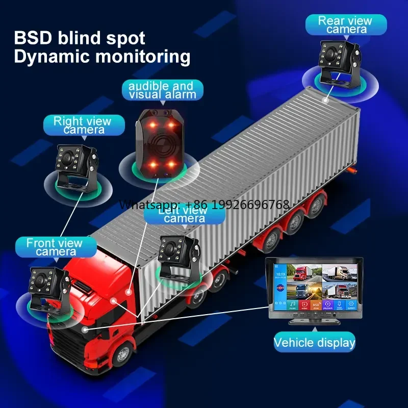 

PZ 10.1 Inch Rear View Adjustable Blind Area Alarm System 4K Touch Screen Display Monitor With 4 Cameras MP5 Player DVR Recorder