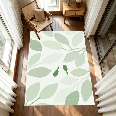 Minimalist Green Leaf Botanical Seamless Carpet Flooring, Fresh Nature Non-Slip Area Rug for Living Room Bedroom Nursery Home Decor