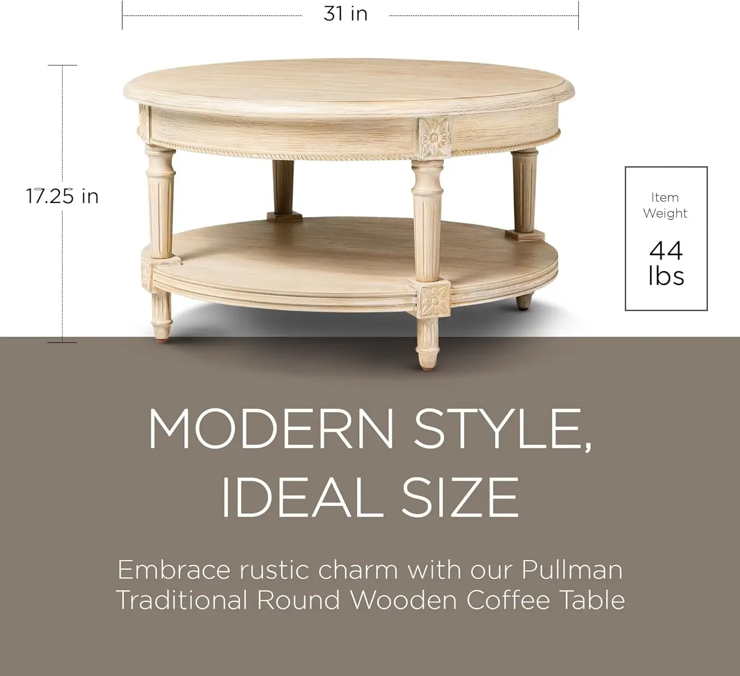 Pullman Large Curved 2TierTraditional Round Circle Wooden Center Coffee Table with Shelf Storage in Rustic Antiqued White Finish