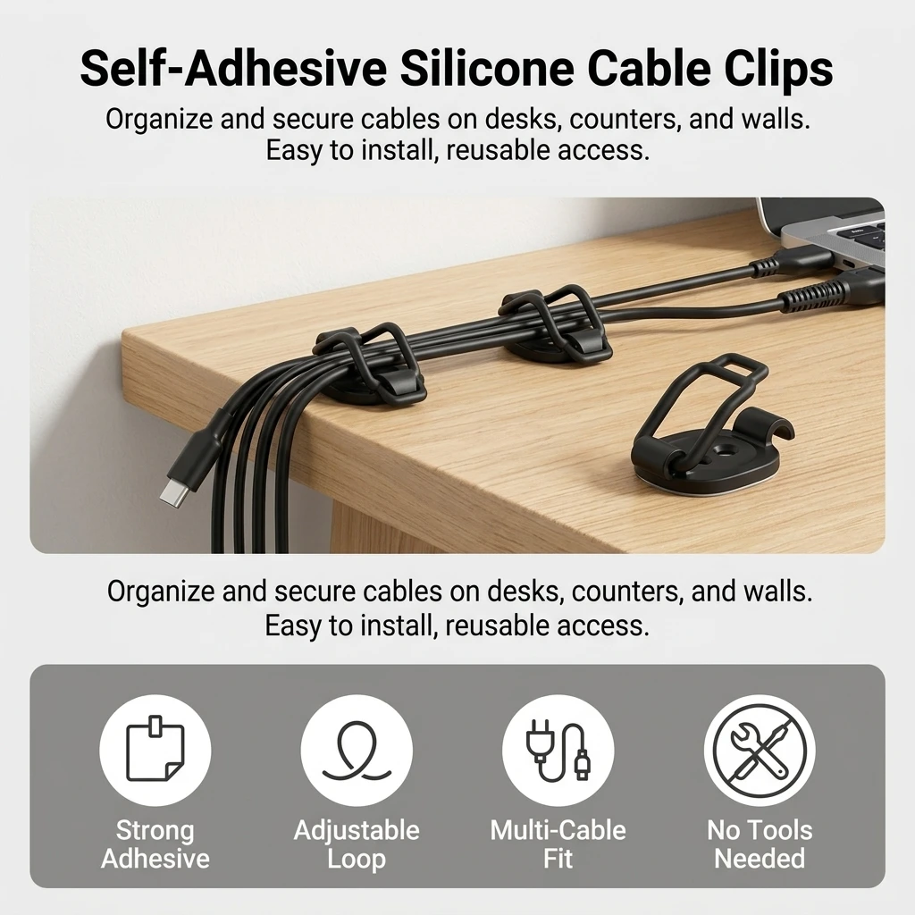 Adjustable Cable Clips Flexible Silicone Wire Holder for Desk Office Home Nightstand Cord Management Organizer Durable