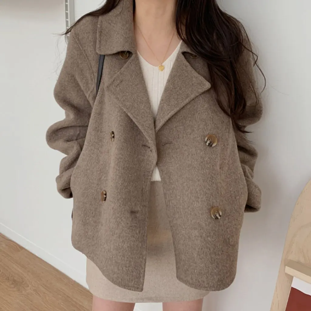 

South Korea Chic Double Breasted Woolen Coat Elegant French Style Suit Collar Loose Fit Casual Warm Autumn Winter Outerwear
