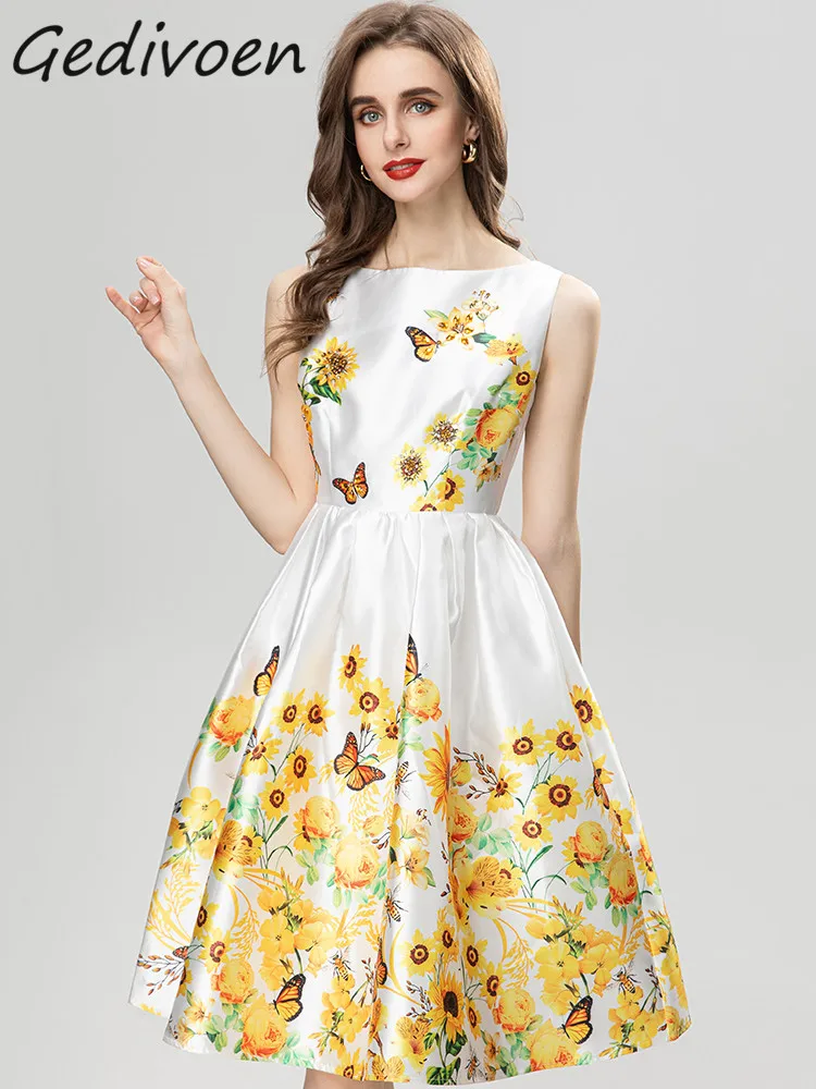 

Gedivoen Autumn Fashion Designer Elegant Floral Print Dress Women O Neck Diamond Beading Sequins High Waist Slim Midi Tank Dress