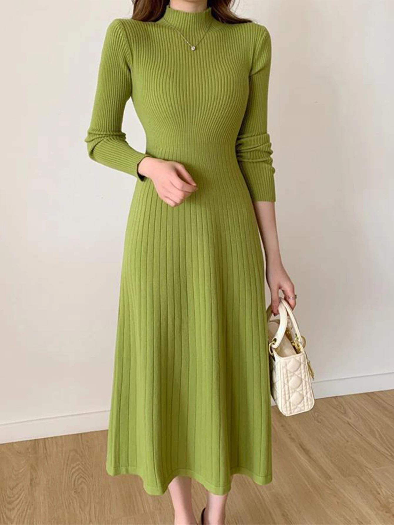 レディース スキニーフィット リブニットドレス 長袖 モックネック ミディアム丈 Aラインドレス デイリー 秋冬ファッション 無地ドレス