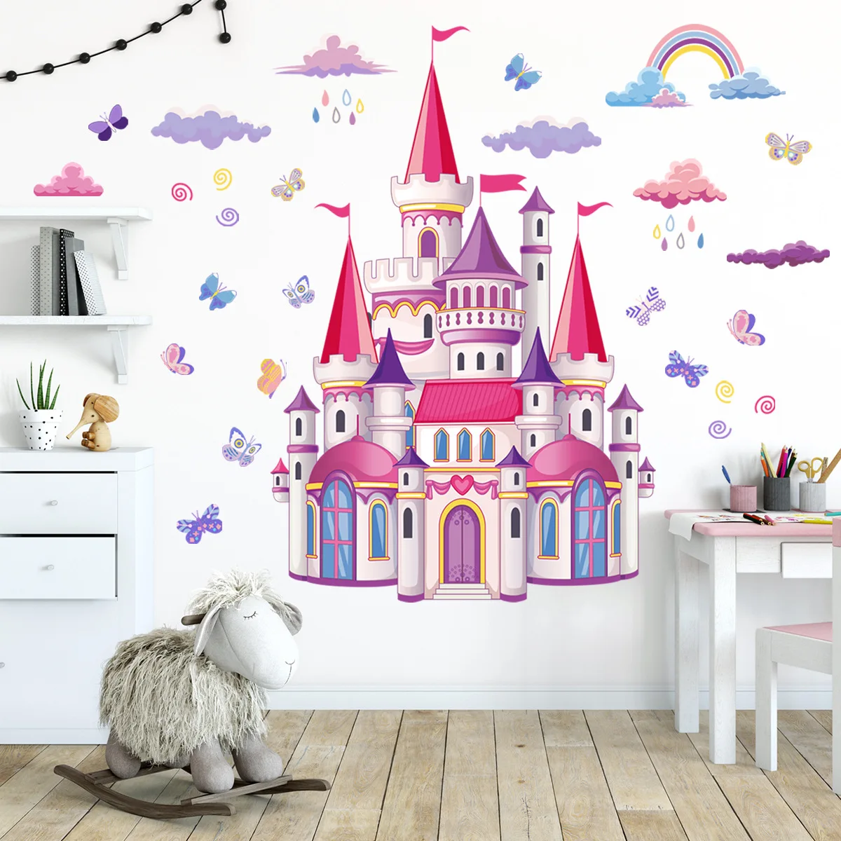 

Rainbow Cloud Fairy Tale Princess Castle Wall Stickers for Kids Room Home Decor Girls Princess Bedroom Art Decorative Stickers