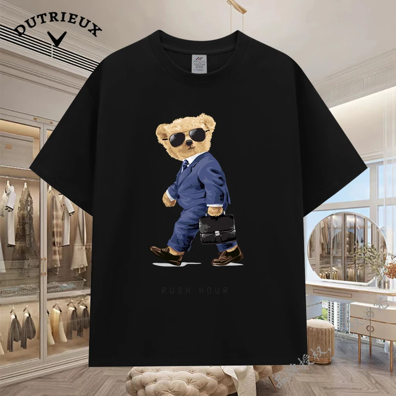 2024 New Luxury Bear Short Sleeved Men's and Women's Loose 230g Fabric weight Cotton Versatile Round Neck Breathable Inner Layup