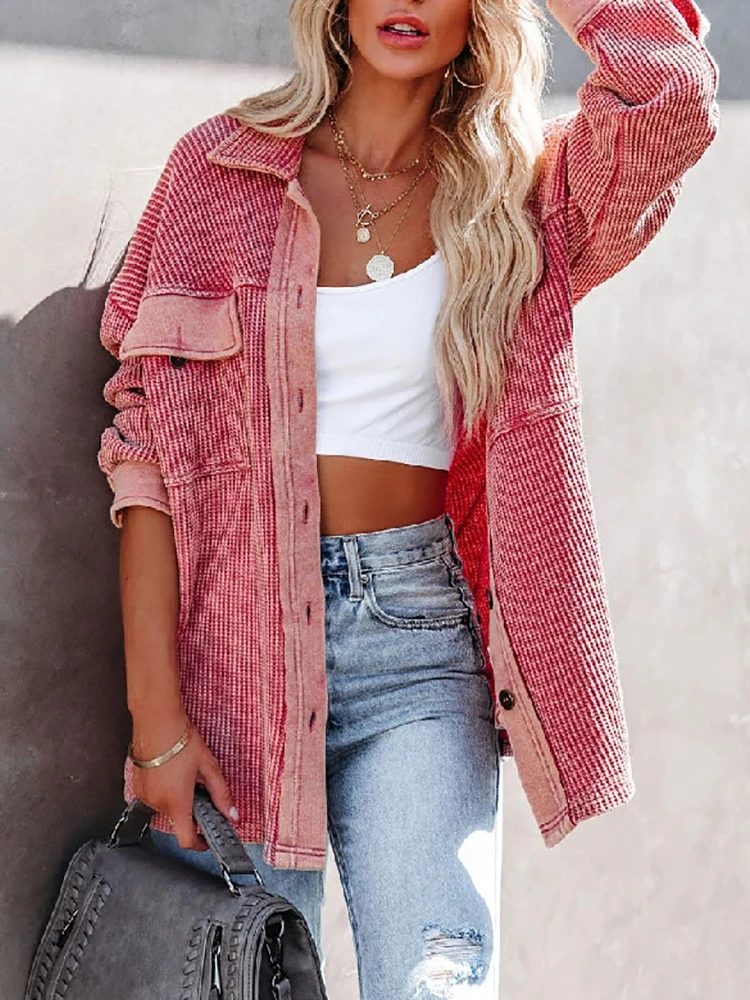 

Elegant Women Patchwork Blouses Autumn Casual Lapel Buttons Down Shirt Long Sleeve Ladies Office Tops Loose Pocket Retro Blusas