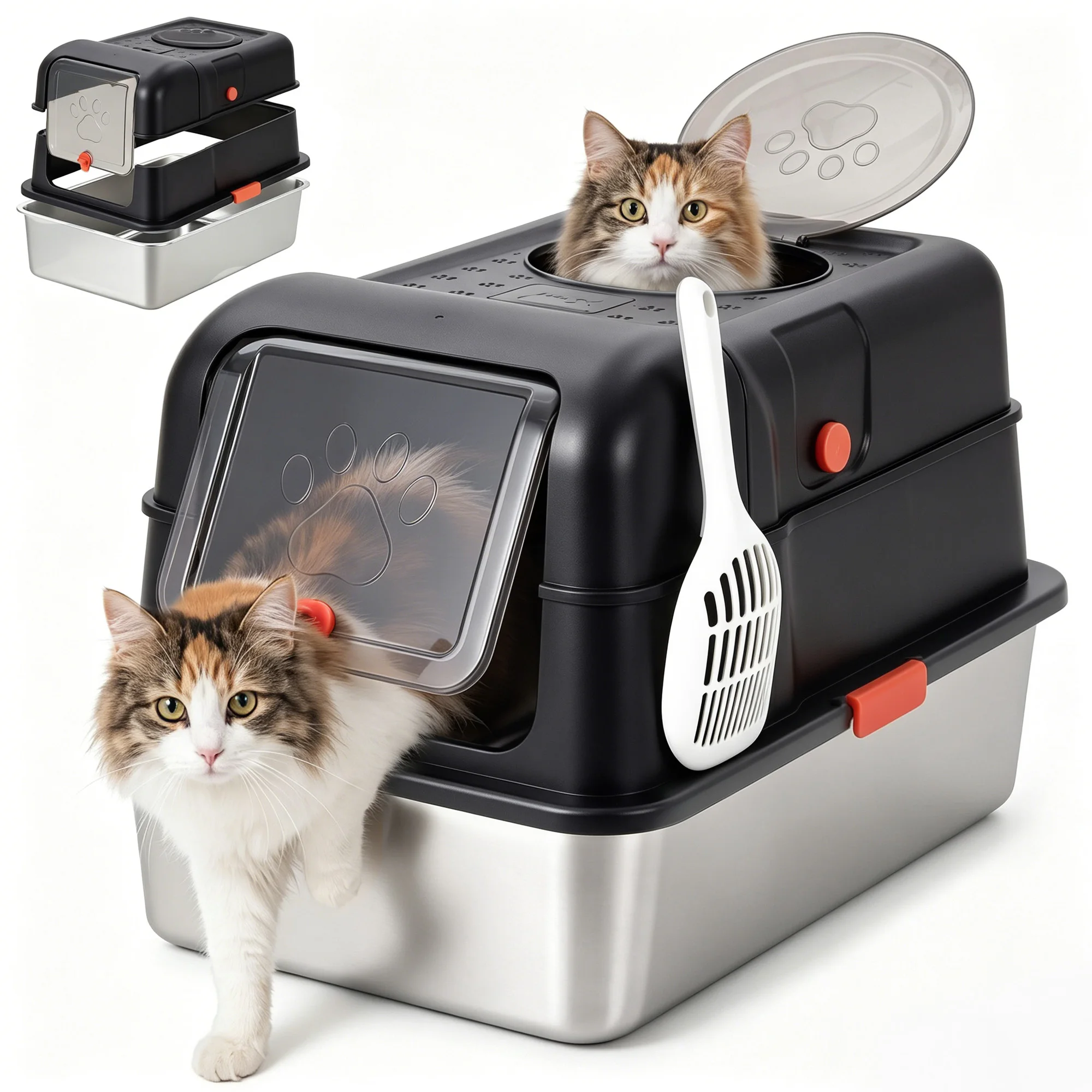 Dog Proof Stainless Steel Cat Litter Box with Lid – Enclosed, High Sided, Front Entry & Top Exit, Leak Proof Design, Scoop Included, Great for Large & Multi-Cat Homes – Black