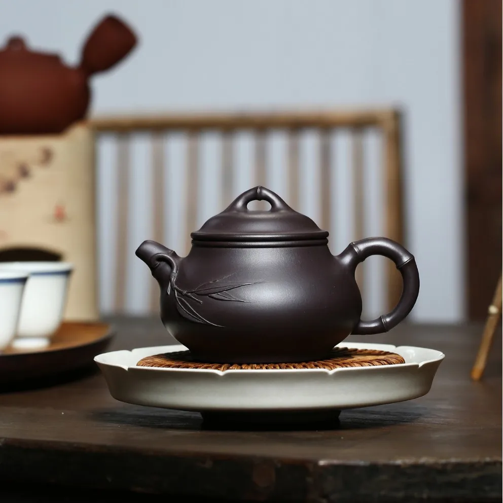 Yixing Original Ore Purple Clay Handcrafted By Famous Artisans Exquisite Pan-Style Bamboo-Joint Teapot Tea Set Wholesale From