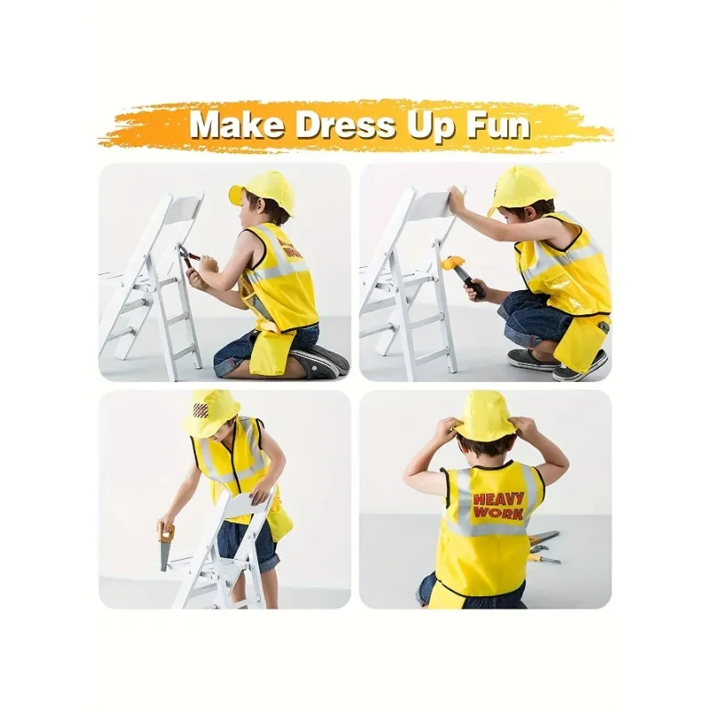 Toddler Construction Worker Vest Costume, Worker 5 Piece Playset, Yellow Reflective Vest with Tools, Party Dress Up