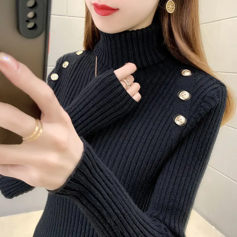 High Neck Sweater Women\'s Button Knit Sweater Bottom Layerin Ner Layer 2024 Autumn Winter New Style Slim Fit Black Thick Stylish