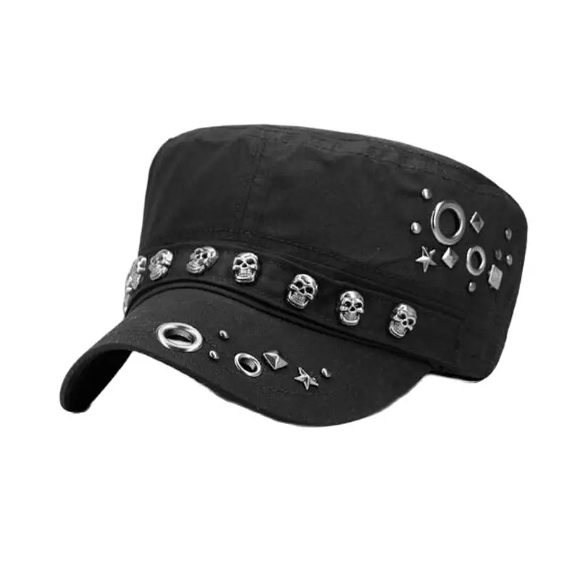 

Europe America Punk Skull Rivet Full Closure Military Hats Spring Autumn Brand Snapback Cotton Hats For Men Fashion Army Cap